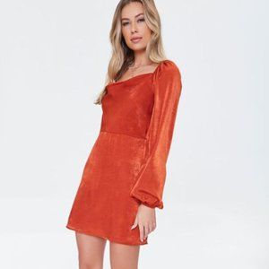 NWT Forever 21 Burnt Orange Satin Cowl Neck Long Sleeve Mini Dress Size XL